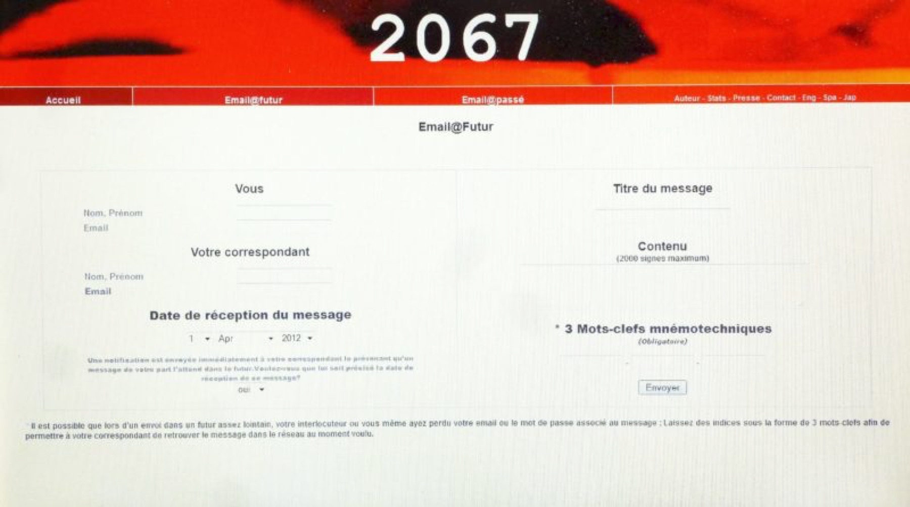 Interface historique du projet Email 2067